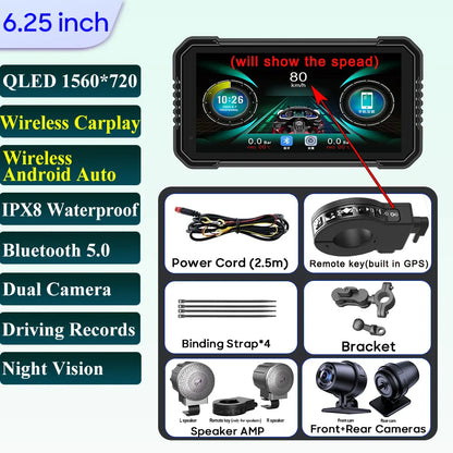 6.25-Inch Motorcycle GPS Navigation Screen with Wireless CarPlay & Android Auto – 1560x720 Resolution, Motor DVR Monitor, TPMS Optional
