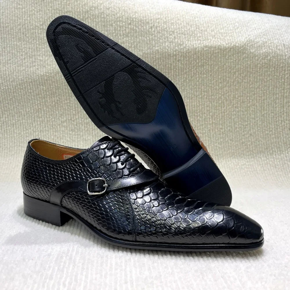 Men’s Handmade Italian-Style Leather Dress Shoes - Pointed Toe Python Pattern Wedding & Business Oxford Shoes