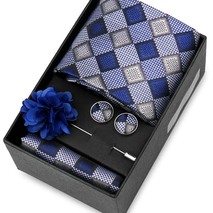 Elegant Men’s Necktie Gift Set - Fashion Tie with Handkerchief, Cufflinks & Brooch Pin Accessories for Business & Wedding