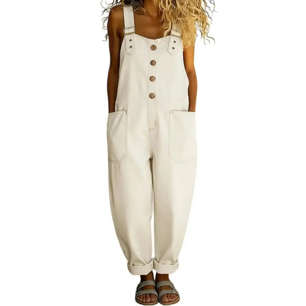 Women's Denim Bib Overalls - Relaxed Fit Wide Leg Vintage Jumpsuit Pants with Button Front Design