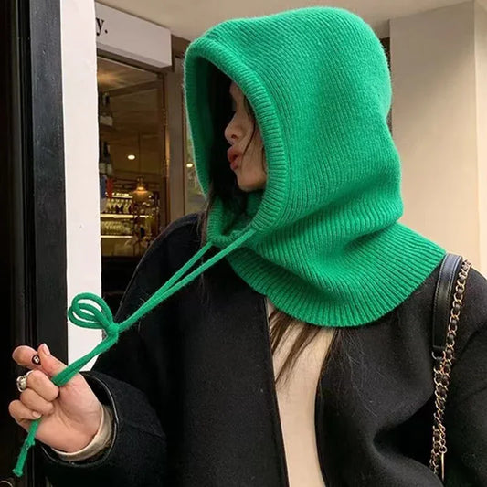 Winter Knitted Hooded Balaclava Hats for Women – Korean Style Outdoor Warmer Beanie with Drawstring Neck Collar
