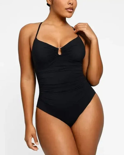 Smart Sculpt U-Ring One Piece Swimsuit - Shiny V-Neck Ruching Waist Backless Shaping Beachwear