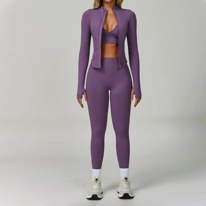 2/3PCS Women’s Seamless Yoga & Gym Set – Push-Up Sports Bra, Long Sleeve Jacket & Workout Leggings