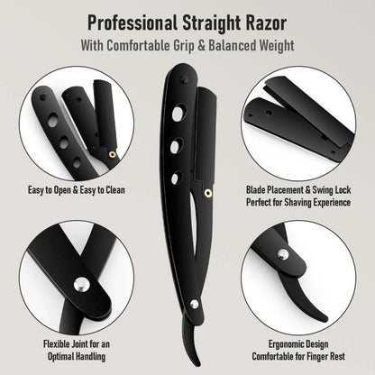 1 Holder + 10/20 Blades Straight Folding Shaver — Men's Manual Razor with Sharp Barber Blade