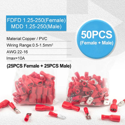 50PCS (25 Set) Insulated Female & Male Spade Crimp Terminal Connectors 6.3mm FDD/MDD Electrical Wiring Cable Plug Kit Universal Use