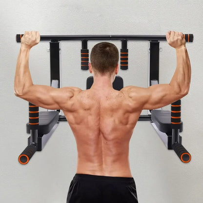 Multi-Grip Wall Mount Pull-Up Bar & Dip Station – Heavy-Duty Home Gym Fitness Equipment