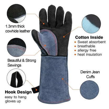 16-Inch Heat Resistant Welding Gloves – Thick Cow Split Leather Work Gloves for Welders, BBQ, Grill & Oven Use