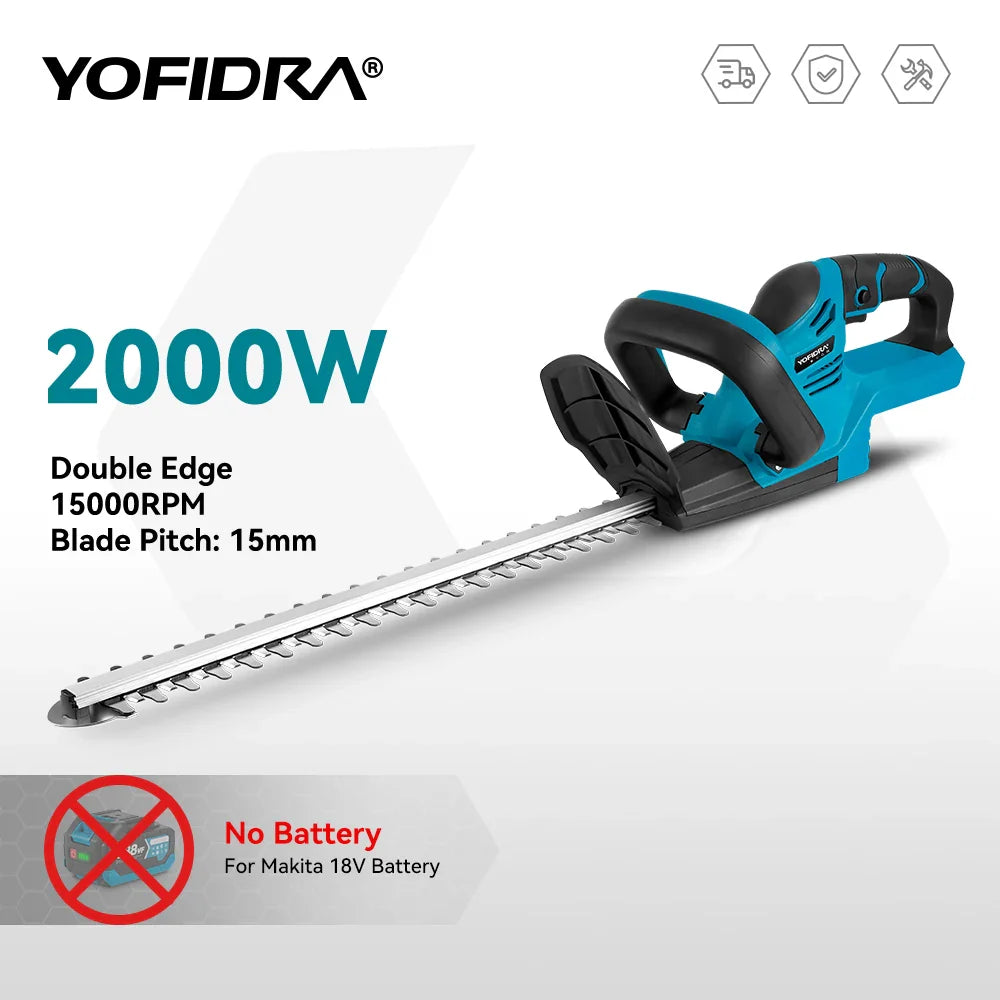 YOFIDRA 2000W Cordless Electric Hedge Trimmer 15000RPM Garden Hedge Pruner for Makita Battery