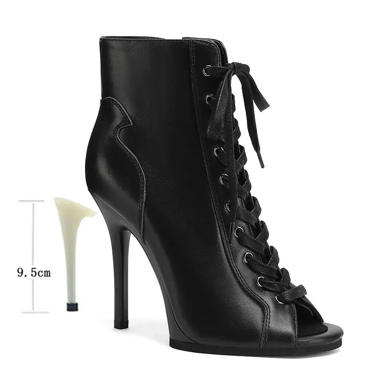 Women’s Genuine Leather Dance Boots - European Style Open Toe Thin High Heel Jazz Dance Shoes