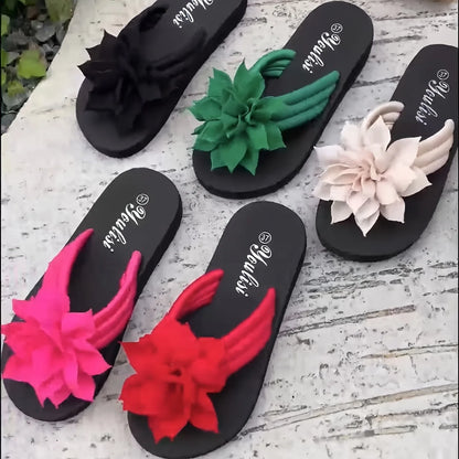 Women’s Floral Flip Flops – Slip-On Mid Heel Sandals, Fabric Upper & EVA Sole, Summer Casual Vacation Footwear