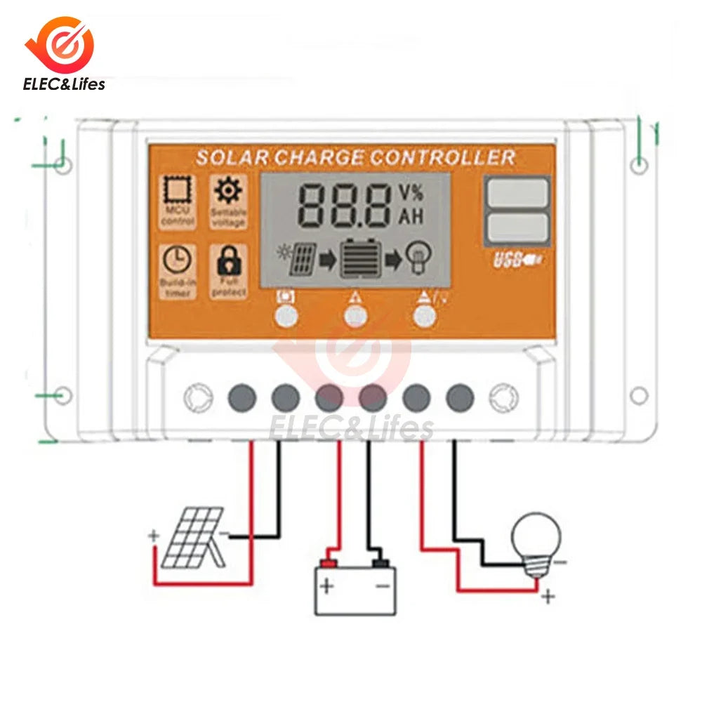 100A Solar Charge Controller - 12V/24V Adjustable LCD Display Solar Panel Battery Regulator with USB Port