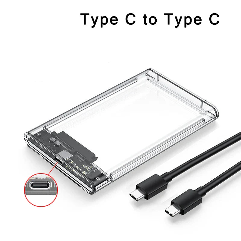 Clear 2.5 Inch SATA SSD HDD Enclosure - USB 3.0 Type-C External Hard Drive Case with UASP Support