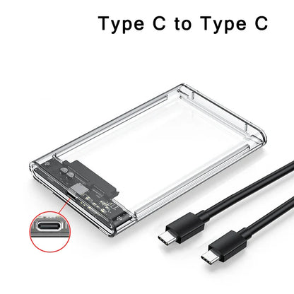 Clear 2.5 Inch SATA SSD HDD Enclosure - USB 3.0 Type-C External Hard Drive Case with UASP Support