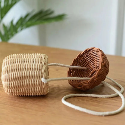 Acorn-Shaped Rattan Storage Basket - Handwoven Round Beach Style Shoulder Bag
