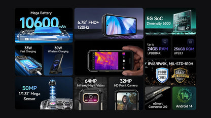 Ulefone Armor 27T Pro 5G Rugged Smartphone – 10600mAh, Android 14, 50MP+64MP Night Camera, 6.78" 120Hz, 24GB+256GB, NFC