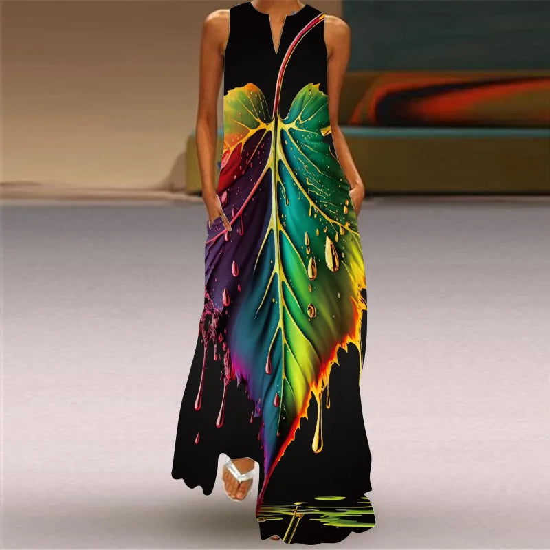 Vintage Boho Maxi Dress - Women's Summer V Neck Sleeveless Long Sundress with Pockets