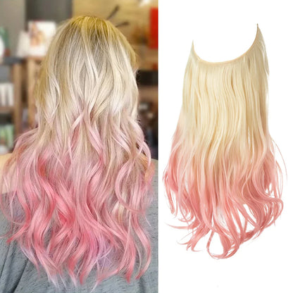 Synthetic Ombre Hair Extension - One Piece Invisible Wire Long Wavy Clipless False Hairpiece Black Blonde Pink