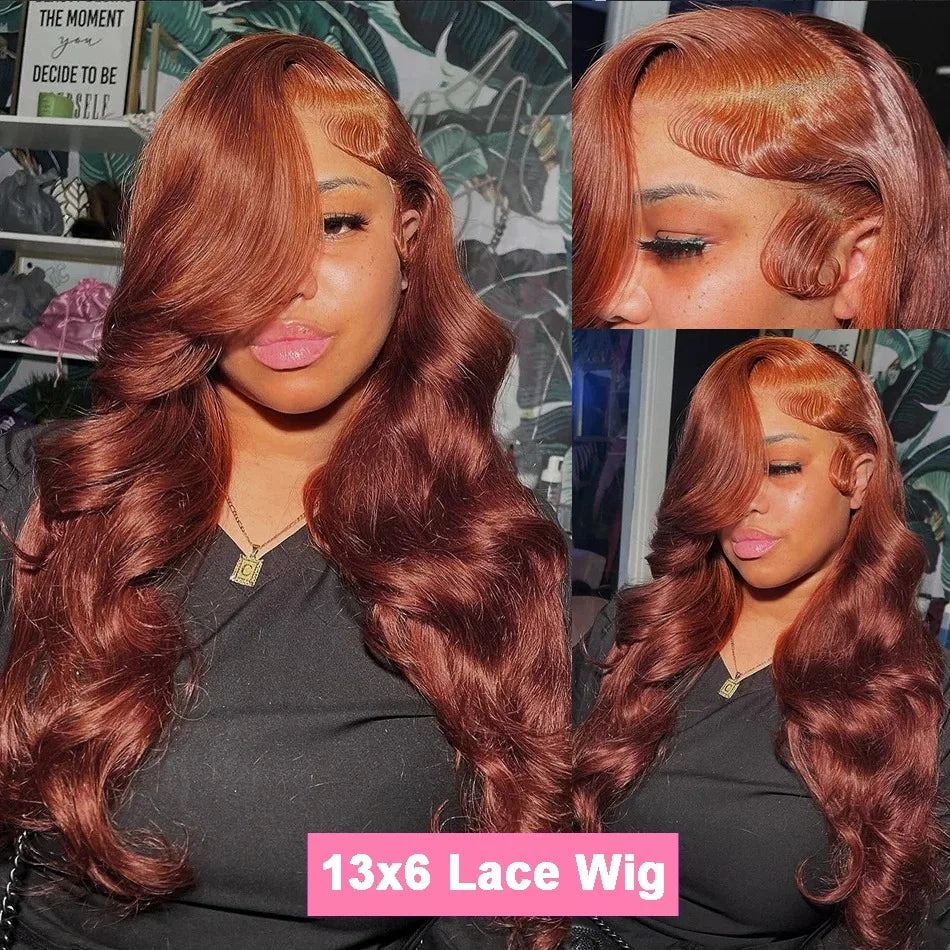 Reddish Brown 13x6 Lace Front Wig – Pre-Plucked 180% Density Body Wave, Auburn Colored Human Hair Lace Frontal Wig