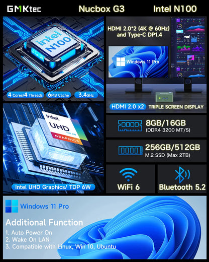 GMKtec G3 Mini PC – Intel Alder Lake N100, 8/16GB RAM, 256/512GB SSD, Windows 11 Pro, WiFi 6 & BT5.2