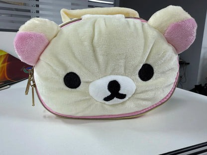 Cute Bear Plush Makeup Bag - Soft Cartoon Elliptical Storage Pouch for Girls Travel & Daily Essentials