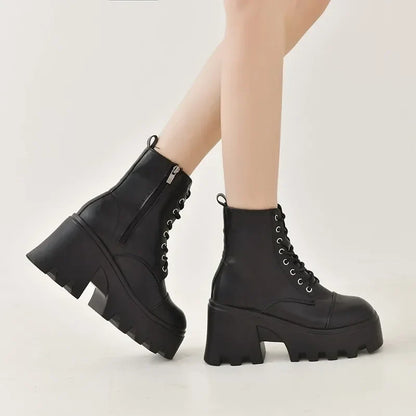 Women’s Plus Size Winter Ankle Boots - Platform Square Heel Lace-Up Shoes with Side Zipper