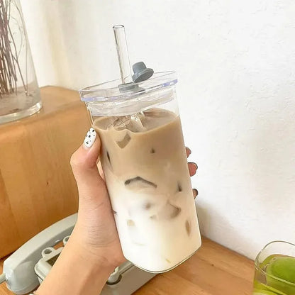Square Heat-Resistant Coffee Glass Cup with Lid and Straw - Transparent Milk Tea, Juice, and Coffee Mug for Home Bar Drinkware
