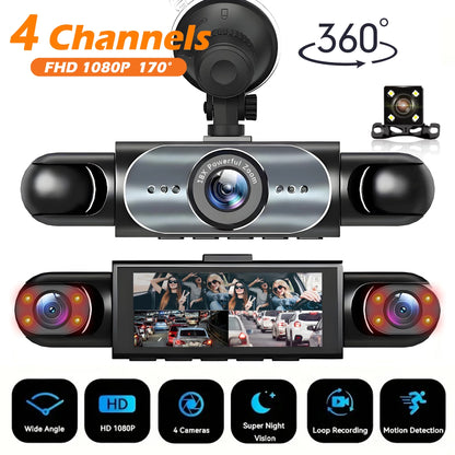 4-Channel 360° Dash Cam - Car Video Recorder with Night Vision, Parking Monitor & Loop Recording