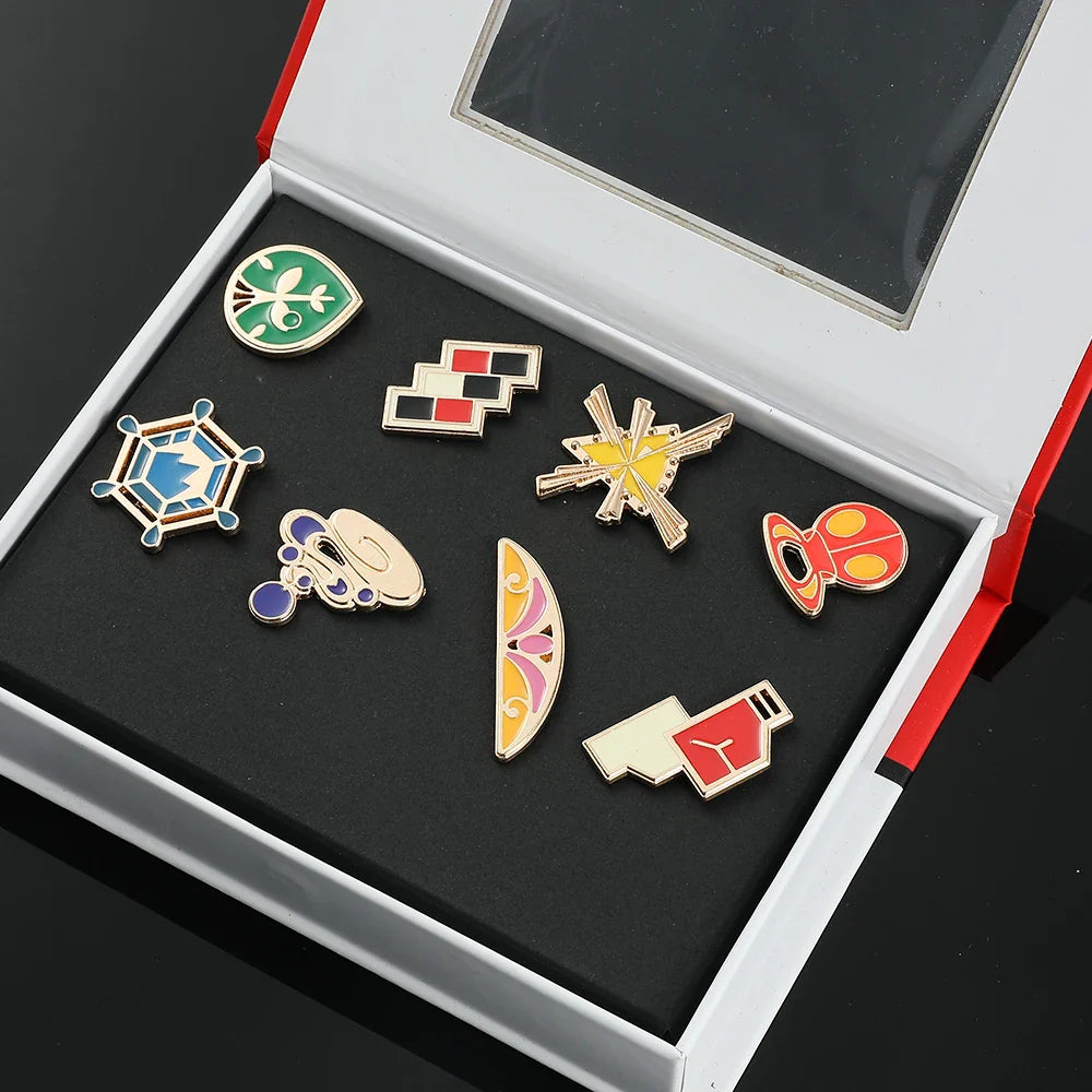 Pokémon Gym Badges Box Set – Kanto, Johto, Hoenn, Sinnoh, Unova, Kalos & Orange Islands Region Pins and Brooches
