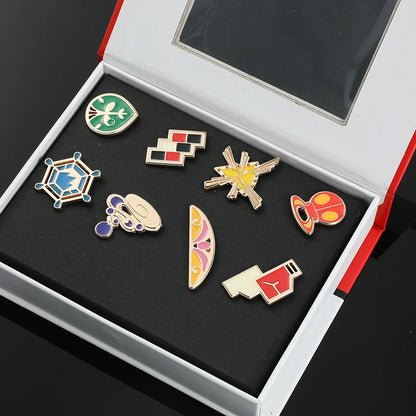 Pokemon Gym Badges Pin Set — Kanto, Johto, Hoenn, Sinnoh, Unova, Kalos & Orange Islands League Brooches with Box, Pocket Monster Collection