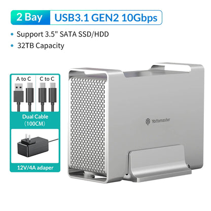 Yottamaster 1/2 Bay RAID Hard Drive Enclosure — 2.5"/3.5" SATA SSD/HDD External Case USB 3.1 Type-C 10Gbps, Supports Up to 2×16TB