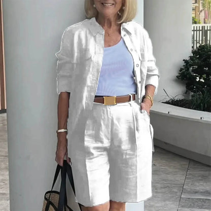 Women’s 2 Piece Summer Outfit Set - Solid Color Cardigan Shirt Top & Casual Shorts Matching Ensemble