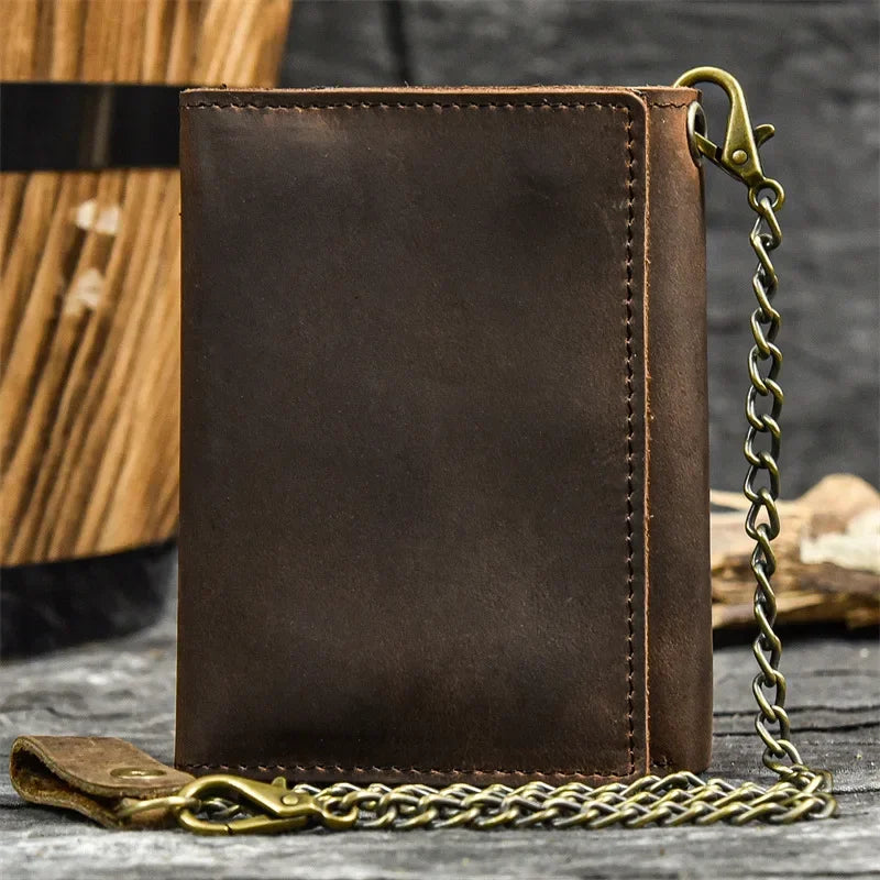 Men’s Genuine Leather Short Wallet with Chain – Trifold Zipper Clutch, Card Holder & Coin Purse