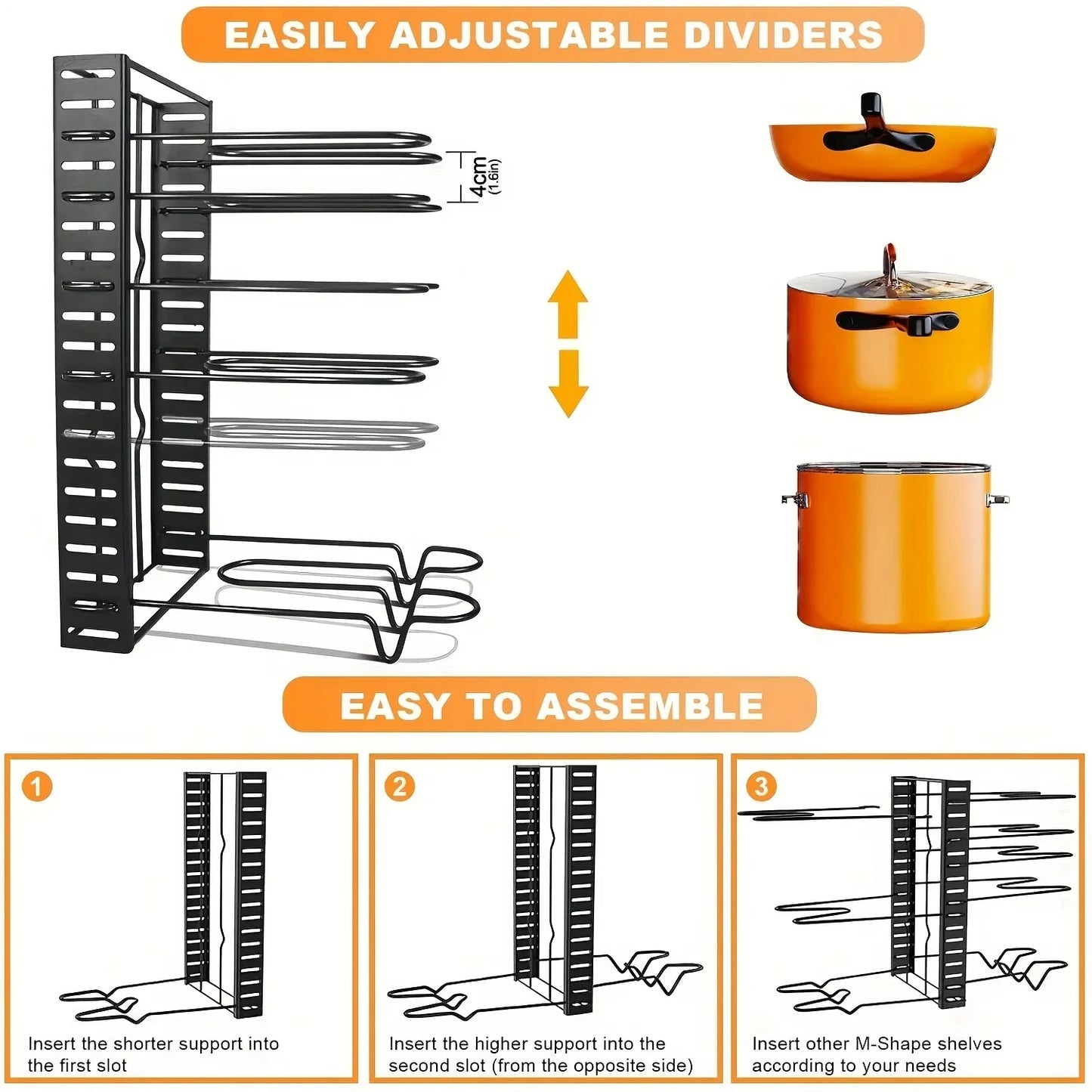 8-Tier Pot Rack Organizer - Space-Saving Metal Holder for Pots, Pans & Lids Kitchen Storage