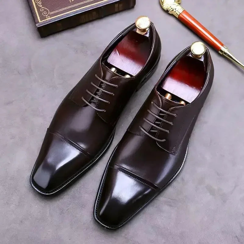 Men’s Classic Leather Oxford Shoes - Square Toe Three-Joint Business Office & Casual Dress Shoes