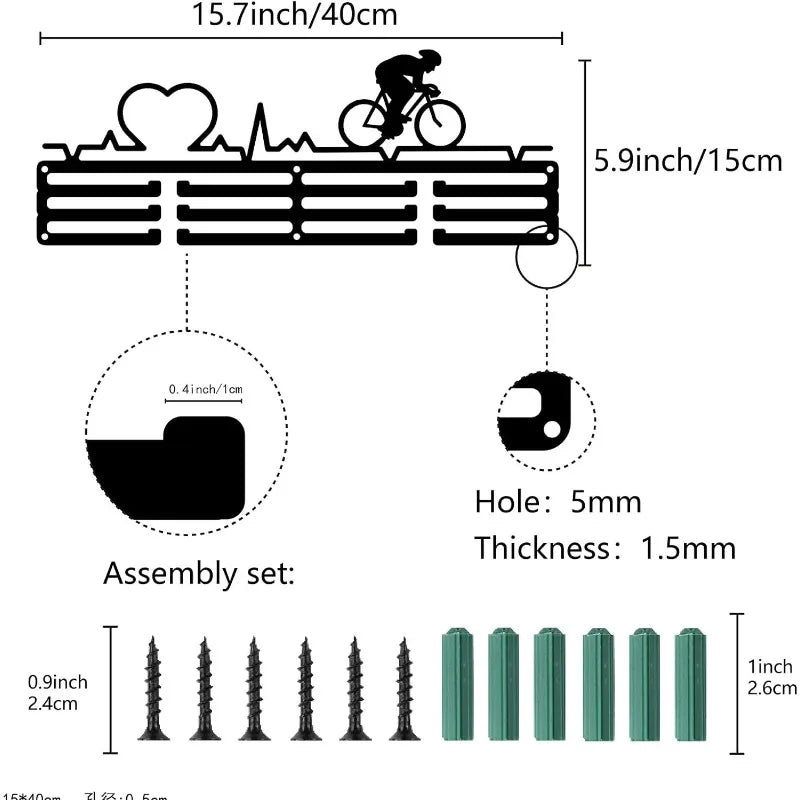 Cycling Medal Display Rack - Wall Mounted 12 Hook Holder Frame for 60+ Medals with 3 Row Storage Shelf