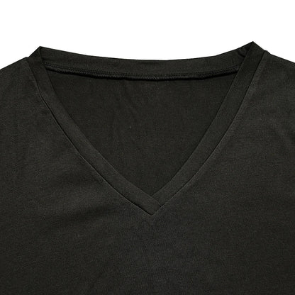 Women’s Summer V-Neck Blouse – Short Sleeve Loose Solid Color T-Shirt with Curved Hem