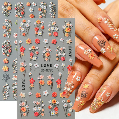 5D Floral Nail Stickers Set - Valentine’s Day Rose & Daisy Embossed Nail Decals for DIY Spring Summer Nail Art Decoration