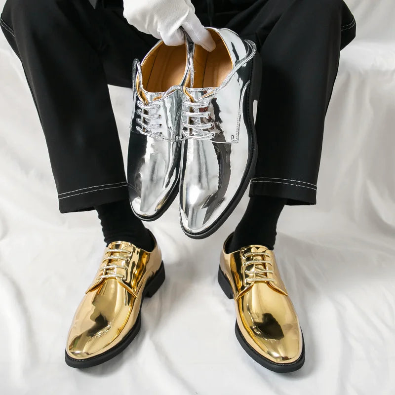 Men’s Luxury Silver Patent Leather Oxford Shoes - Pointed Toe Wedding & Party Dress Shoes 38-50