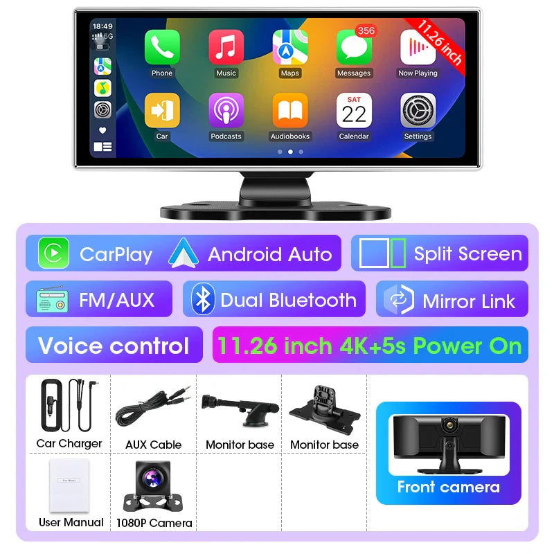 10/11.26" 4K Dash Cam — Dual-Lens Car DVR with Wireless CarPlay, Android Auto, GPS, WiFi, FM & AUX Video Recorder
