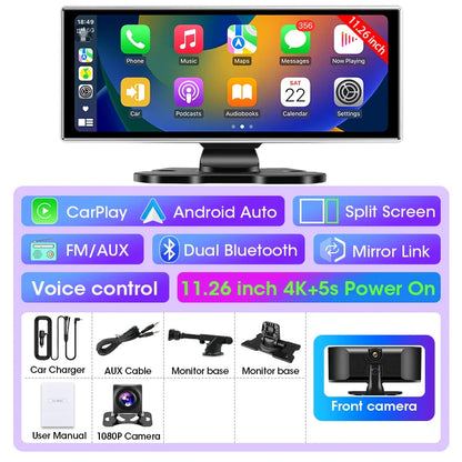 10/11.26" 4K Dash Cam — Dual-Lens Car DVR with Wireless CarPlay, Android Auto, GPS, WiFi, FM & AUX Video Recorder