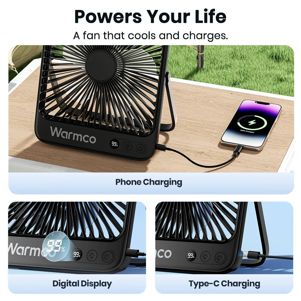 Warmco D4 Portable Desk Fan – 8" Rechargeable Camping Fan with 20000mAh Battery, Light, 48H Runtime, Silent Operation, Digital Display