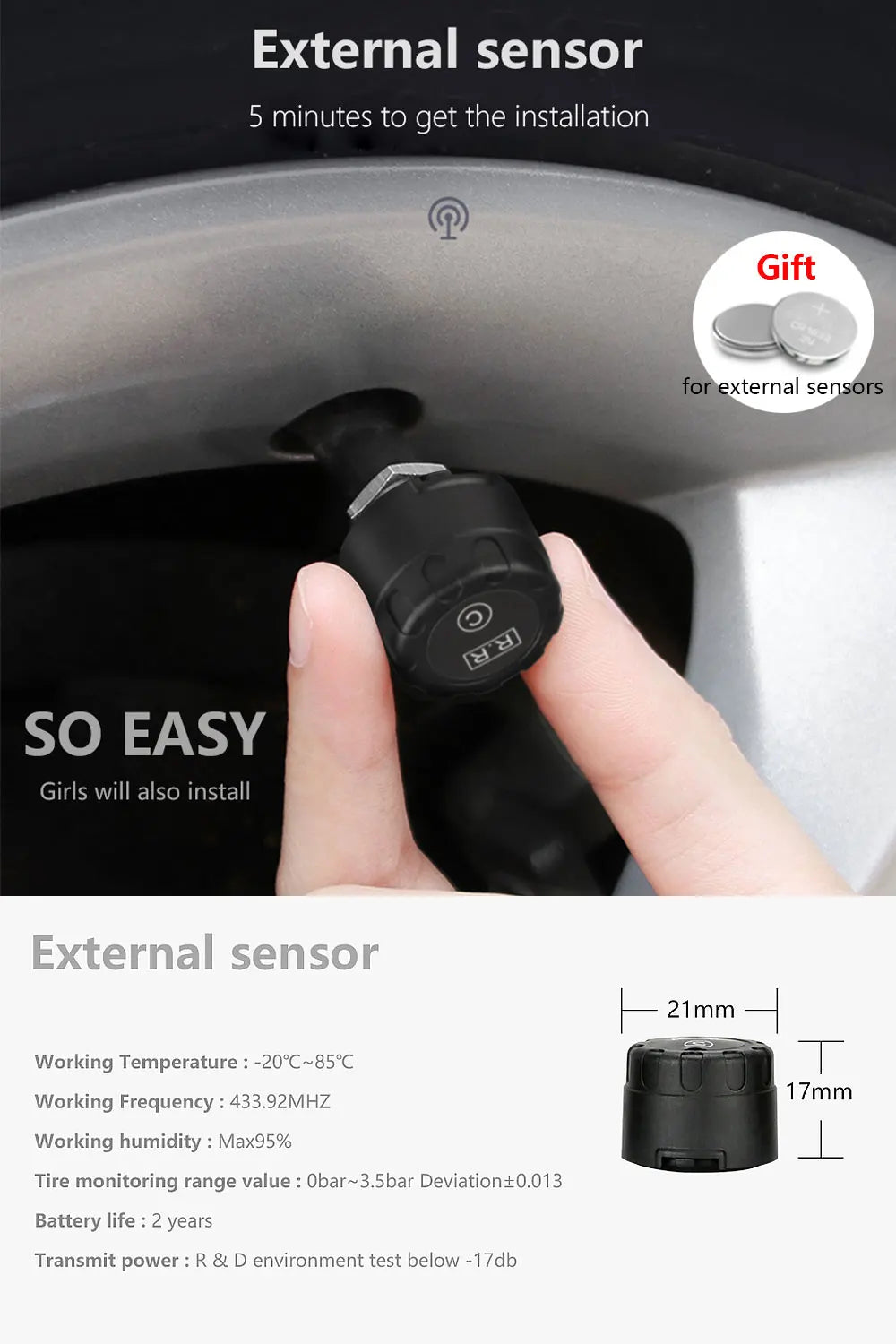 Solar TPMS Tire Pressure Monitoring System – 4-Wheel External Sensors with Temperature Alarm for Car Tyre Safety