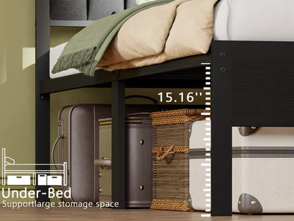Full/Queen LED Bed Frame – Platform Bed with Soft Cushioned Headboard and Built-In Charging Station