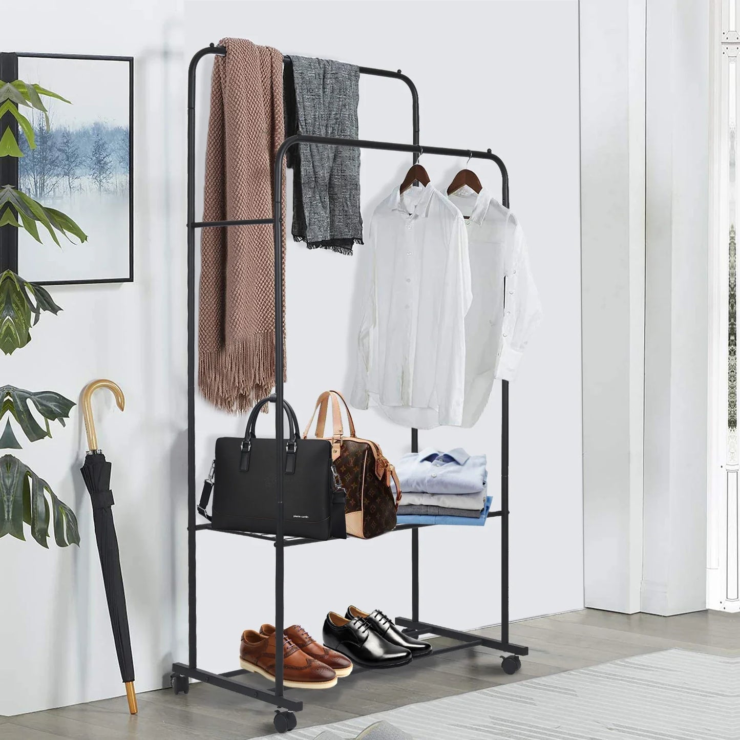 Rolling Clothes Rack – Garment Hanger with 2-Tier Storage Shelves