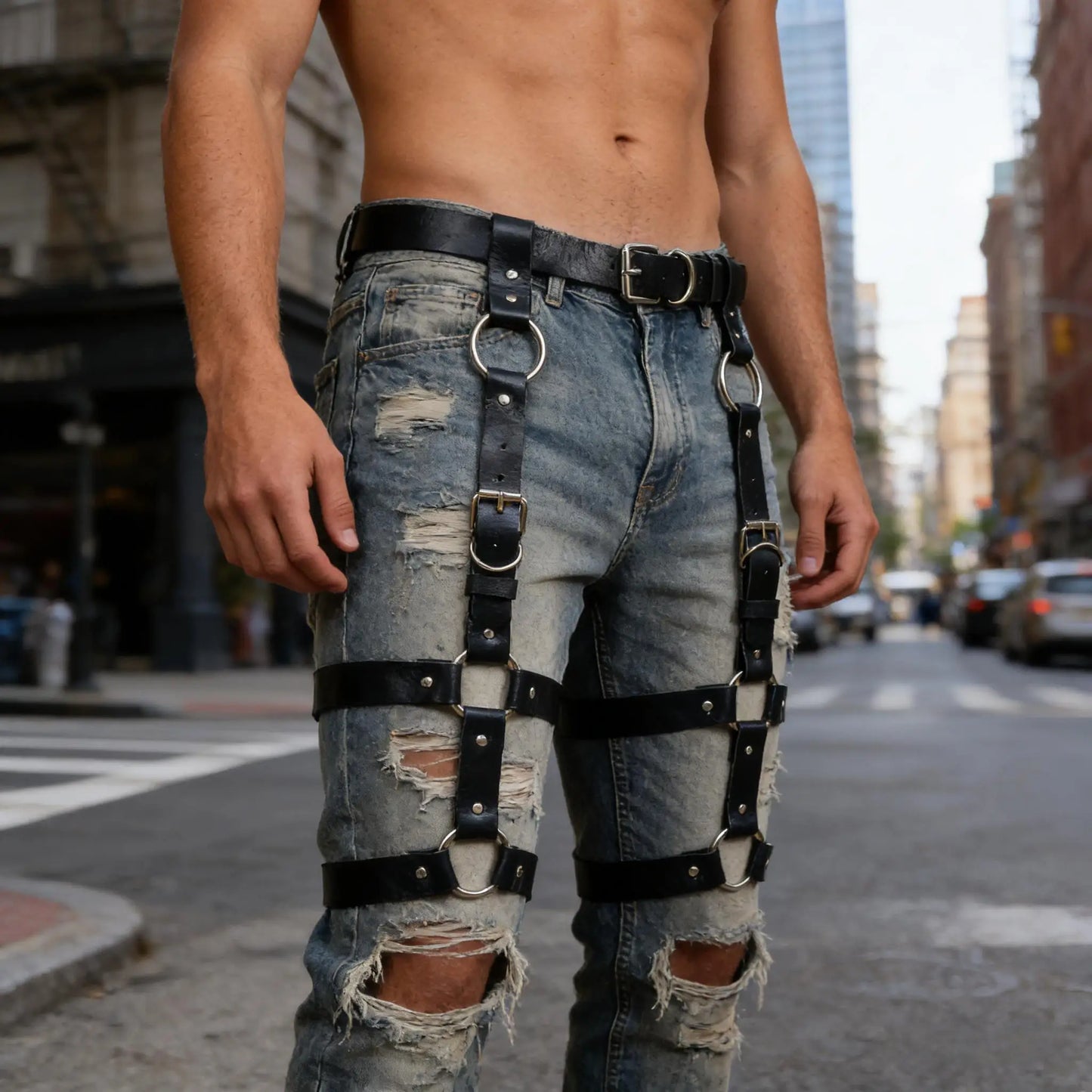 Men's Punk Leather Thigh Harness - Garter Belt with Adjustable Leg Rings for Gothic Fashion