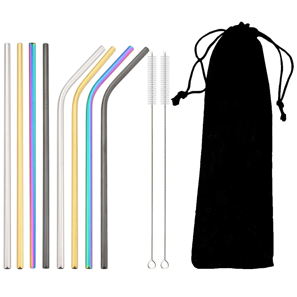 Colorful 304 Stainless Steel Reusable Straws Set — Metal Drinking Straws with Cleaning Brush for Cocktails & Glasses