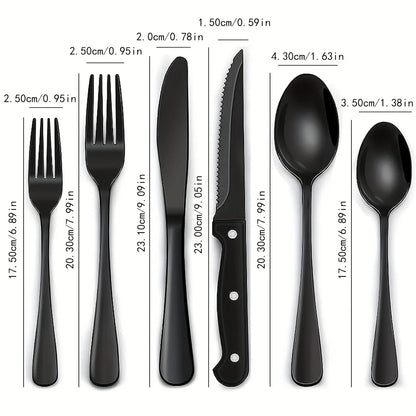 36-Piece Black Silverware Set with Steak Knives – Food-Grade Stainless Steel Flatware & Tableware Cutlery Set
