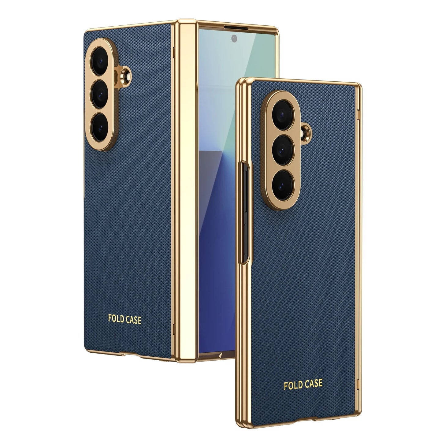 Samsung Galaxy Z Fold 4/5/6/7 Plaid Vegan Leather Case - Hinge Protection Cover with Clear Glass Protector