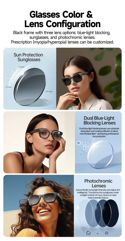 8MP Smart Glasses — AI Photo Recognition, Video Recording, Translation, Bluetooth, IP65 Waterproof, 270mAh Battery