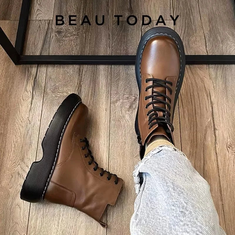 BeauToday Women’s Leather Ankle Boots - Platform Cow Leather Shoes with Side Zipper, Lace-Up Detail & Handmade Finish